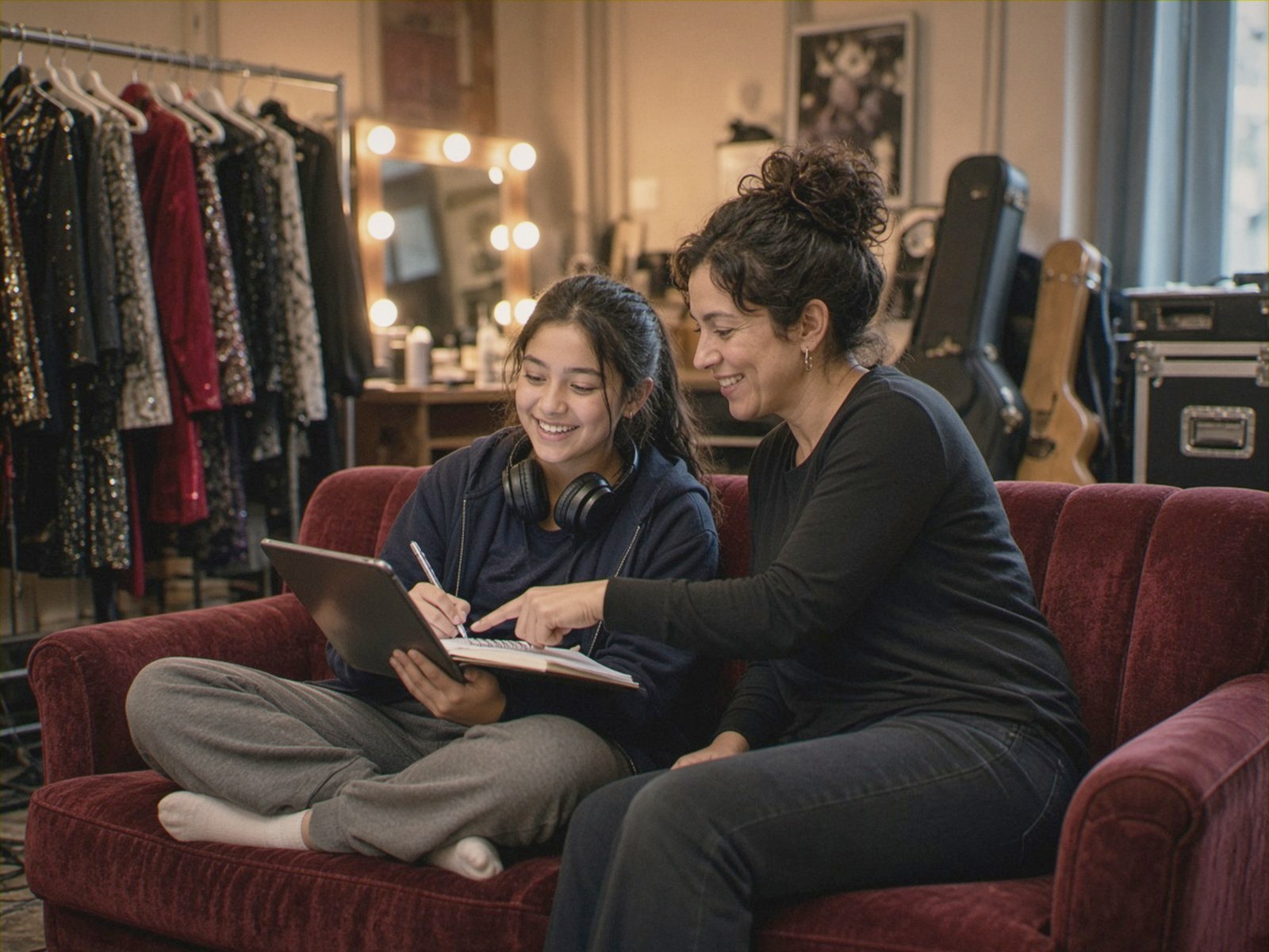 A girl studies on a dressing-room sofa backstage with her tutor beside her