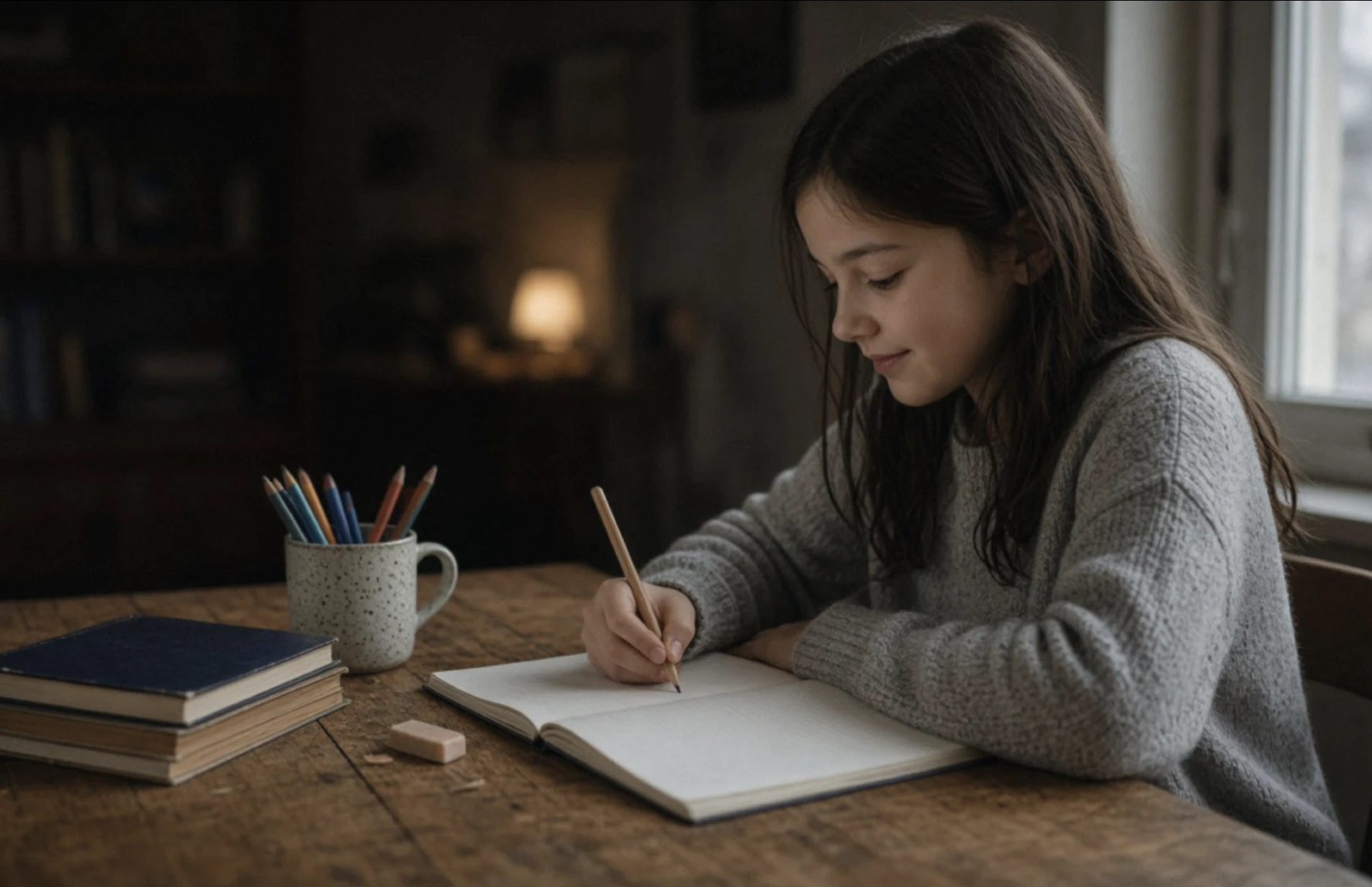 A young student writing in a notebook at a wooden table at home