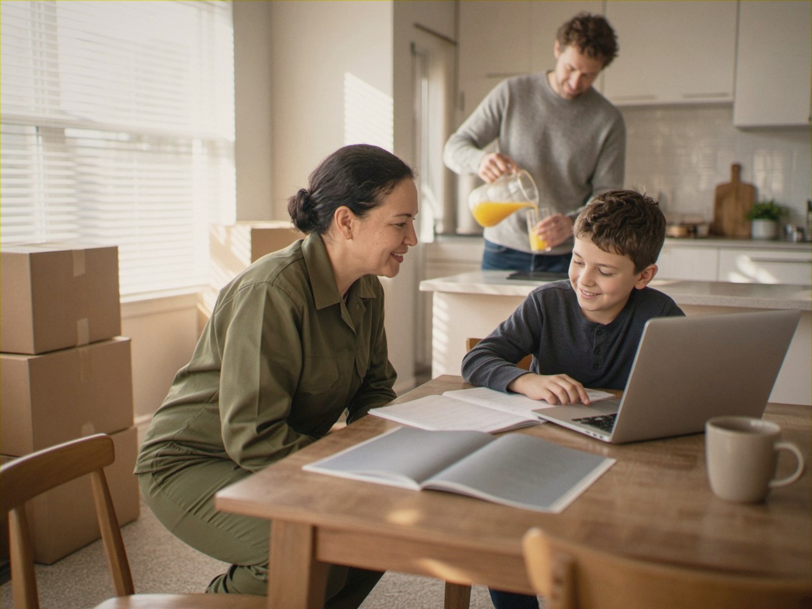 A mother in a plain service uniform smiles beside her son as he does schoolwork at the kitchen table