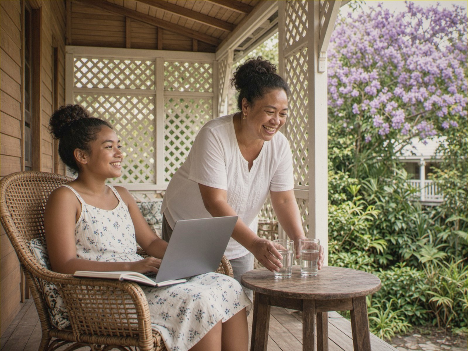A teenage girl studies on the veranda of a Brisbane Queenslander house as her mother brings water