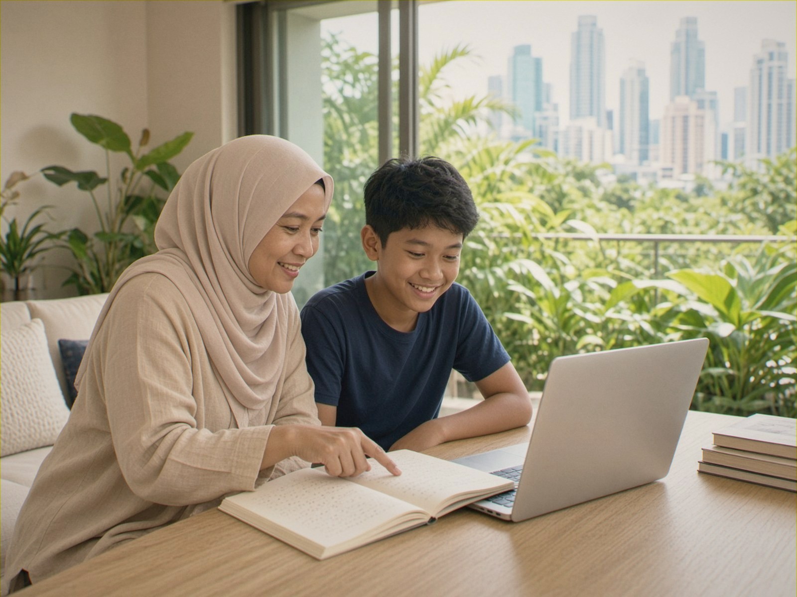 A mother in a hijab points to her son’s exercise book in a bright Singapore apartment