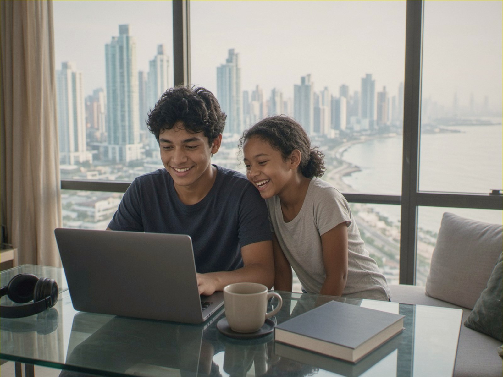 A brother and sister laugh over a laptop in a Panama City apartment overlooking the bay