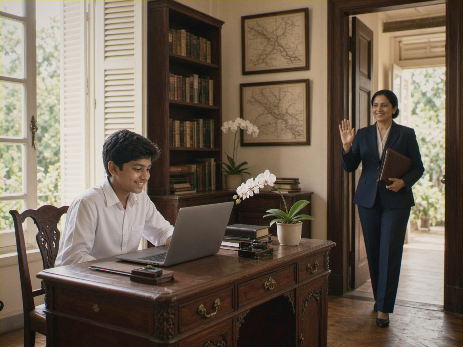 A boy joins an online class at an antique desk while his mother waves goodbye on her way to work