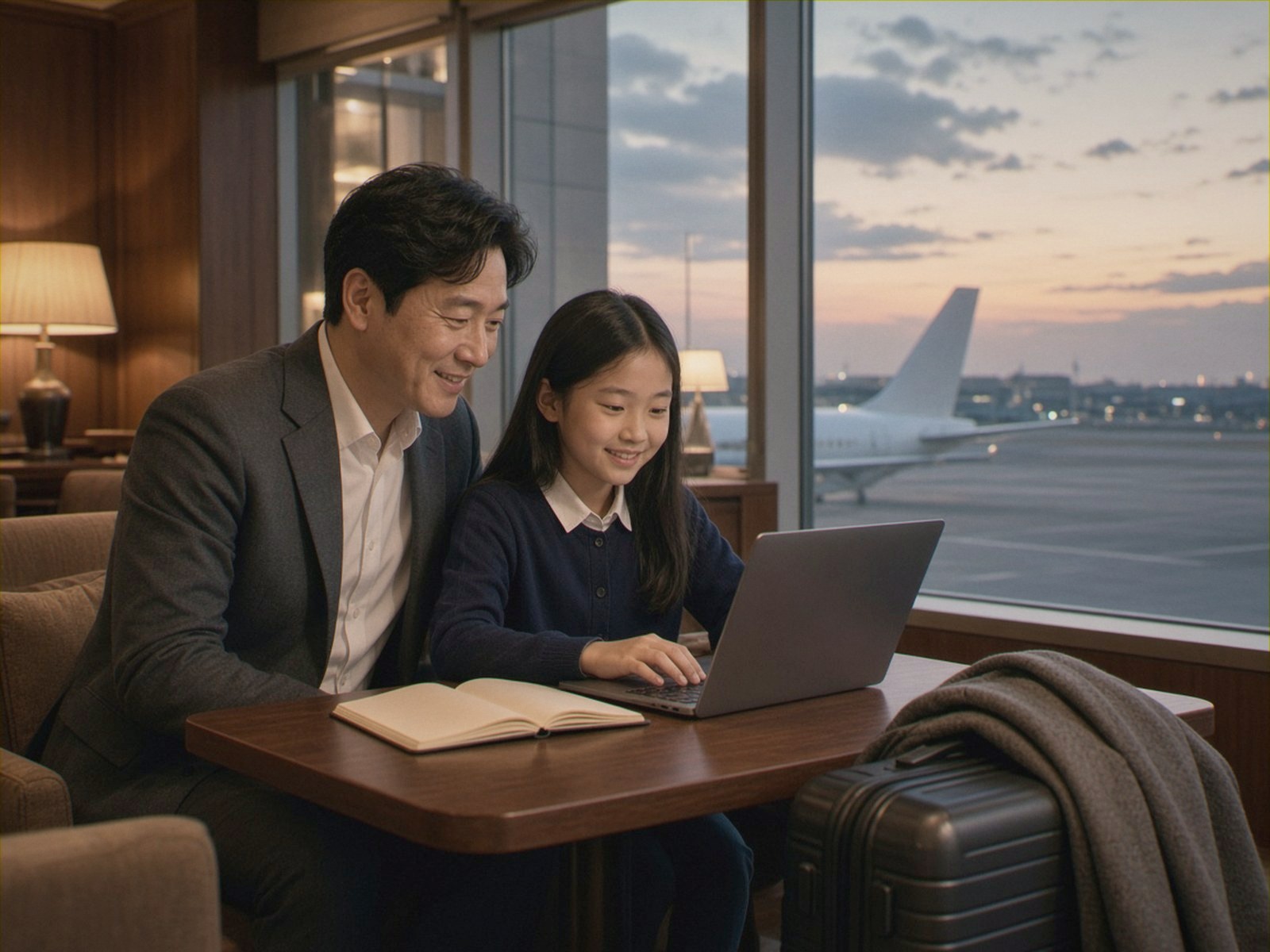 A father and daughter work on a laptop together in a quiet airport lounge at dusk