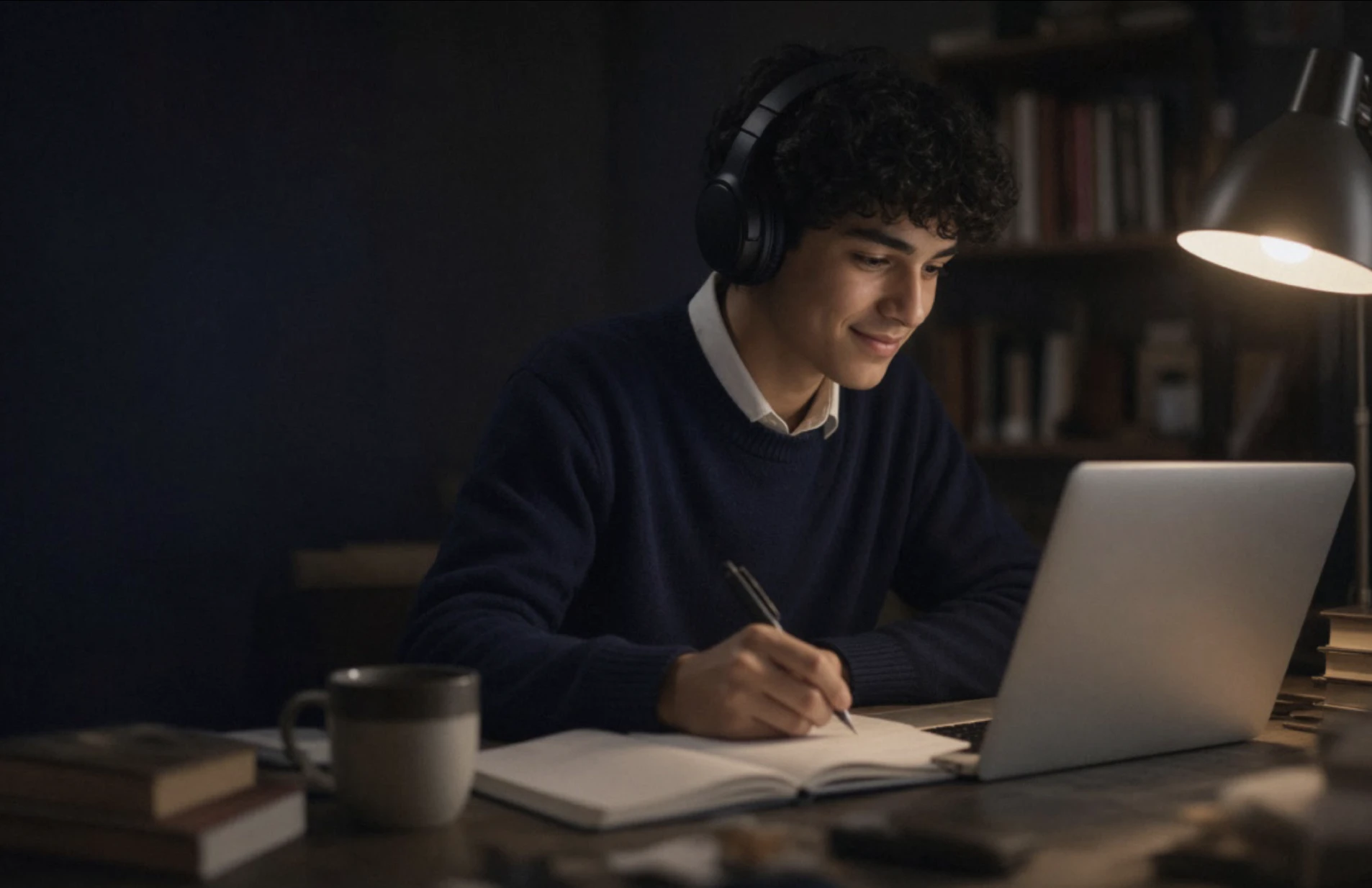 A secondary student with headphones taking notes beside a laptop