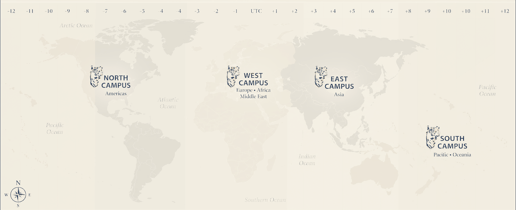 TBIS Virtual Campus world atlas showing the four campus regions