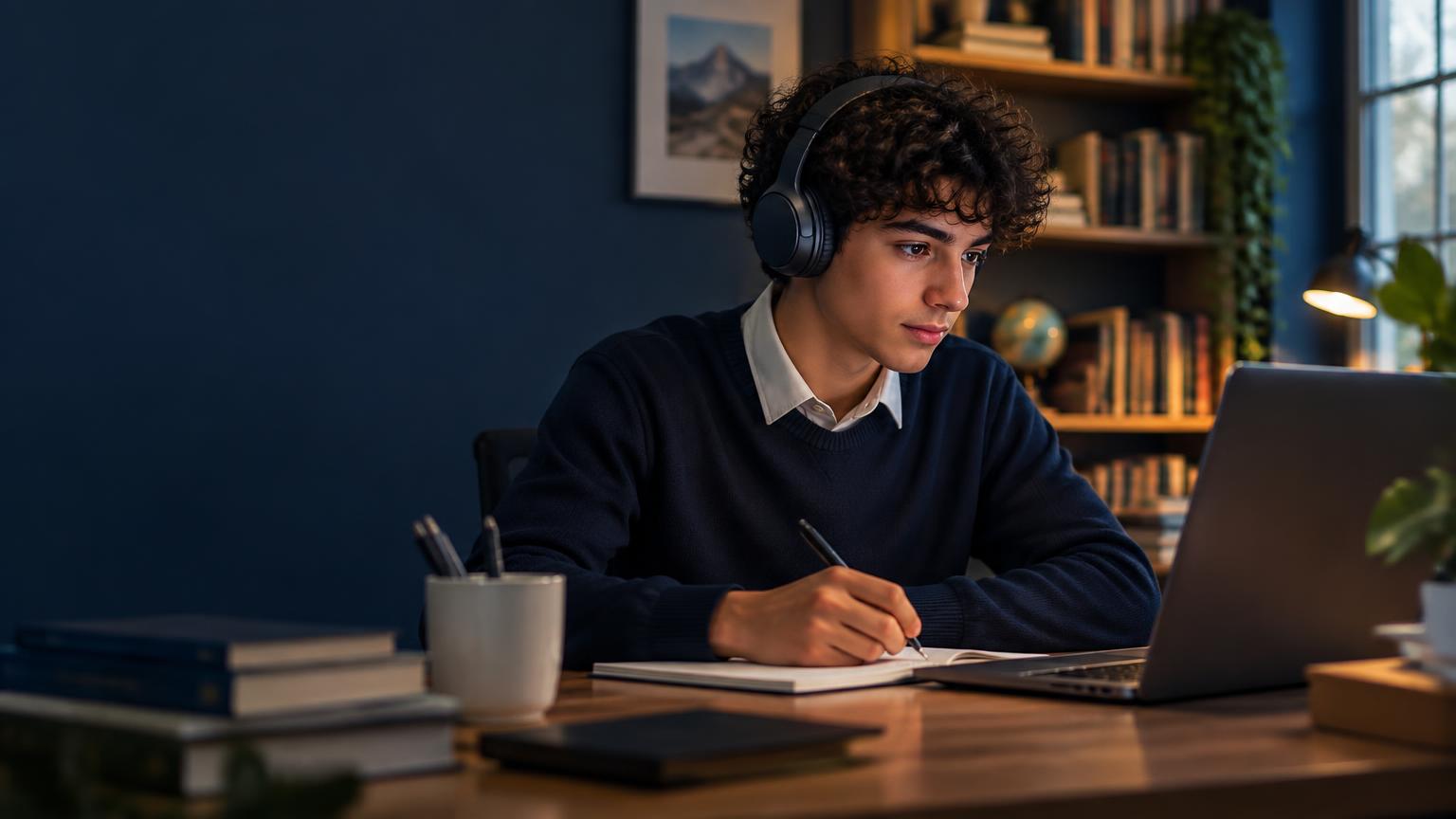 A curly-haired secondary student using headphones and a laptop for virtual school